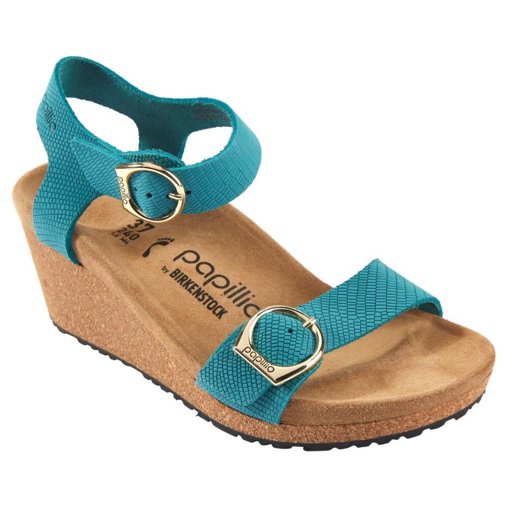 NWOB Papillio by Birkenstock Soley Embossed Wedge Sandals Biscay Bay US 9 40